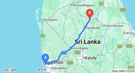 Driving route map: Colombo Airport (CMB) to Habarana Village by Cinnamon, Habarana (151 km, approx 3 h 14 min private transfer)