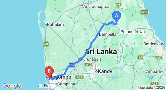 Driving route map: Hingurakgoda to Colombo Airport (CMB) (181 km, approx 3 h 50 min private transfer)