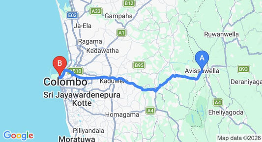 Driving route map: Avissawella to Colombo Seaport (49 km, approx 1 h 37 min private transfer)