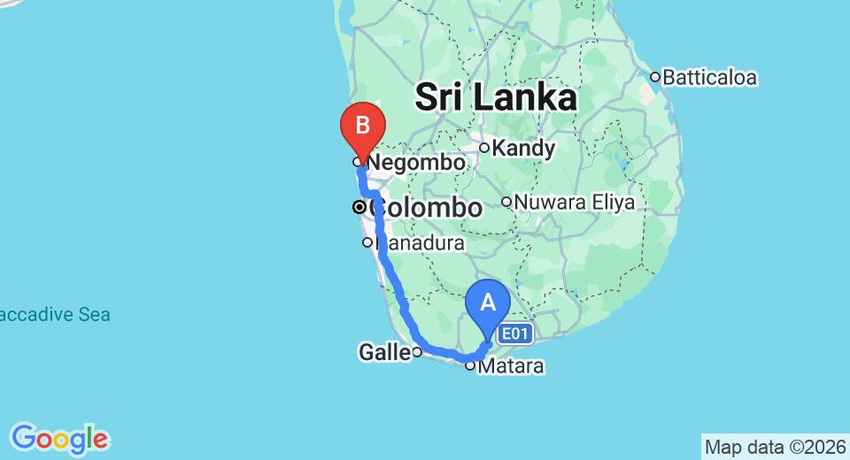 Driving route map: Hakmana to Colombo Airport (CMB) (198 km, approx 2 h 41 min private transfer)