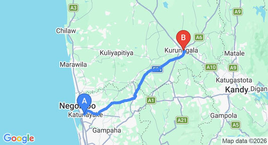 Driving route map: Colombo Airport (CMB) to Kandyan Reach, Kurunegala (74 km, approx 1 h 35 min private transfer)