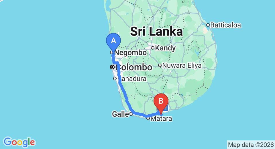 Driving route map: Colombo Airport (CMB) to Kurumba House, Tangalle (212 km, approx 2 h 54 min private transfer)
