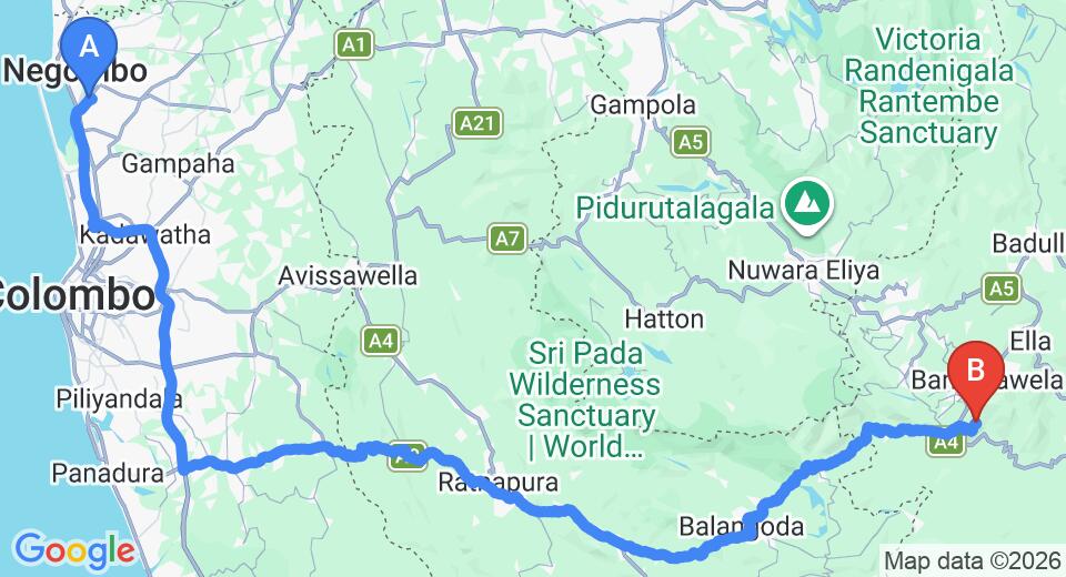 Driving route map: Colombo Airport (CMB) to Thotalagala Tea Plantation Bungalow, Haputale (212 km, approx 5 h 11 min private transfer)