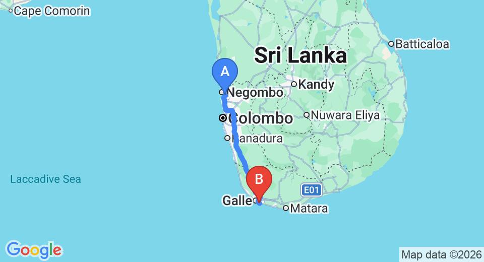 Driving route map: Colombo Airport (CMB) to Sevonra, Unawatuna (153 km, approx 2 h 9 min private transfer)