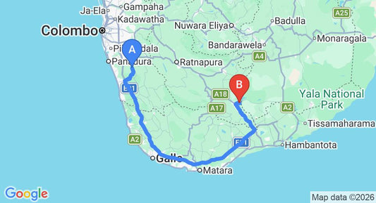 Driving route map: Yala to Udawalawe (197 km, approx 3 h 6 min private transfer)