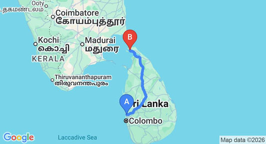 Driving route map: Colombo Airport (CMB) to FOX JAFFNA by Fox Resorts, Jaffna (376 km, approx 7 h 24 min private transfer)