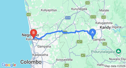 Driving route map: Hemmathagama to Colombo Airport (CMB) (91 km, approx 2 h 34 min private transfer)