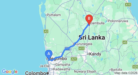 Driving route map: Colombo Airport (CMB) to Amaranta Classic Retreat, Dambulla (132 km, approx 2 h 52 min private transfer)
