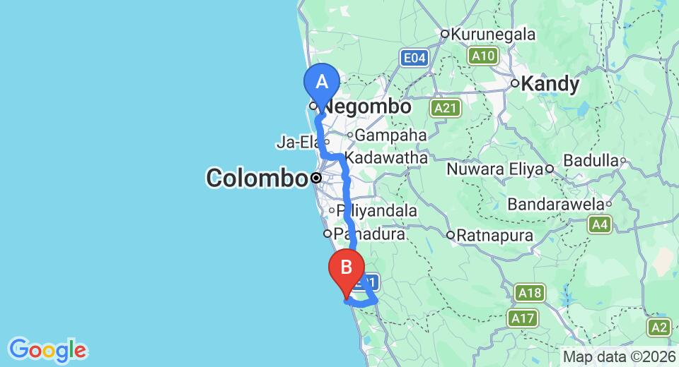 Driving route map: Colombo Airport (CMB) to Barberyn Reef Ayurveda Resort, Beruwala (109 km, approx 1 h 45 min private transfer)