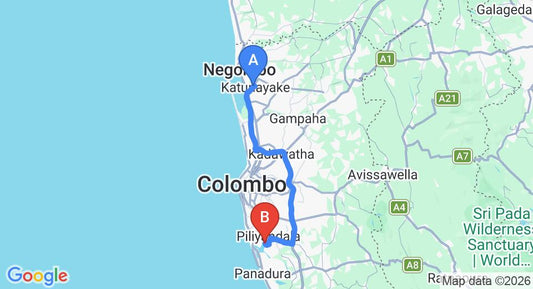 Driving route map: Colombo Airport (CMB) to Delthara (65 km, approx 1 h 12 min private transfer)