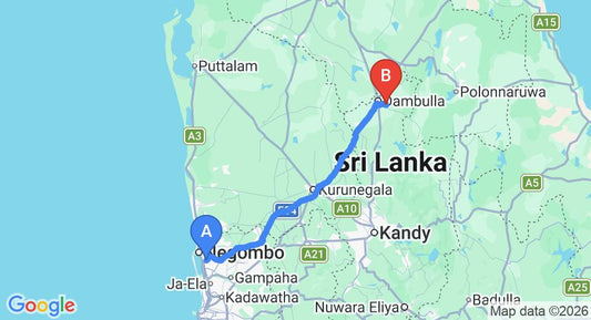Driving route map: Colombo Airport (CMB) to Lake Lodge Kandalama, Dambulla (133 km, approx 2 h 53 min private transfer)