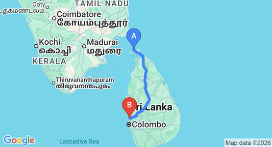 Driving route map: Kankesanturai to Colombo Airport (CMB) (386 km, approx 7 h 38 min private transfer)