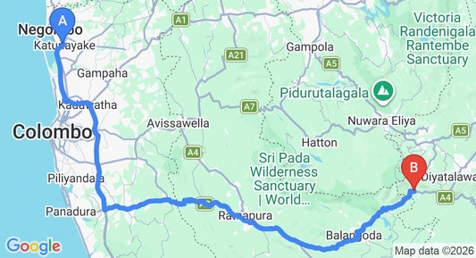 Driving route map: Colombo Airport (CMB) to Kalupahana (194 km, approx 4 h 33 min private transfer)