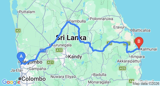 Driving route map: Colombo Airport (CMB) to Kalmunai (338 km, approx 6 h 49 min private transfer)