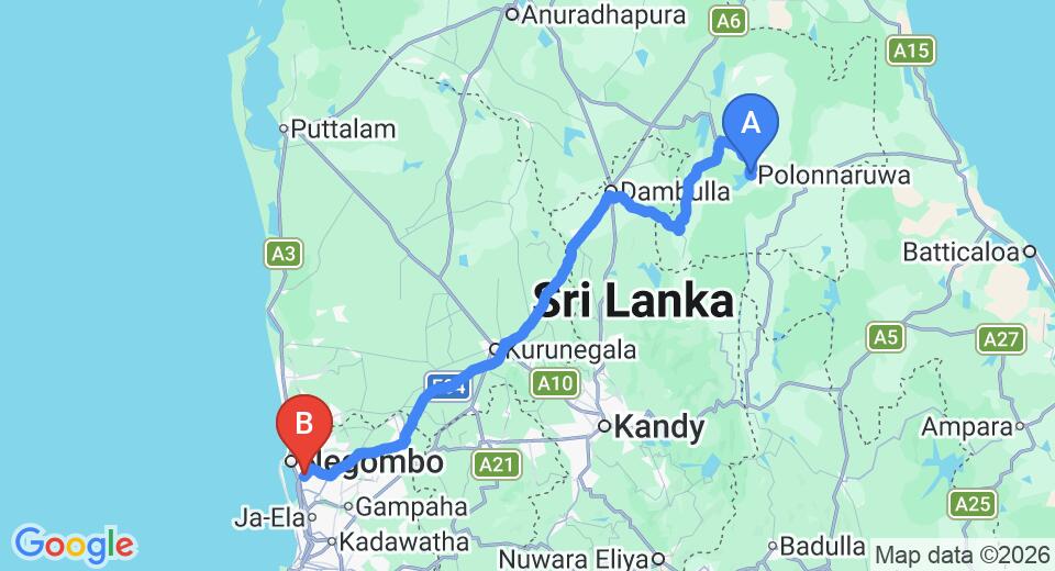 Driving route map: Polonnaruwa to Colombo Airport (CMB) (199 km, approx 4 h 7 min private transfer)