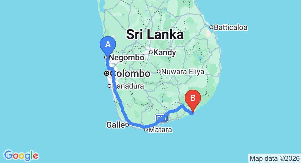 Driving route map: Colombo Airport (CMB) to Governors Camp Yala, Yala (294 km, approx 4 h 8 min private transfer)