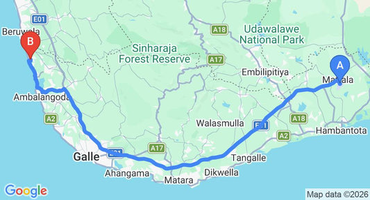 Driving route map: Mattala (HRI) Airport to Induruwa (164 km, approx 2 h 24 min private transfer)