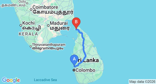 Driving route map: Colombo Airport (CMB) to Fort Hammenhiel, Jaffna (373 km, approx 7 h 16 min private transfer)
