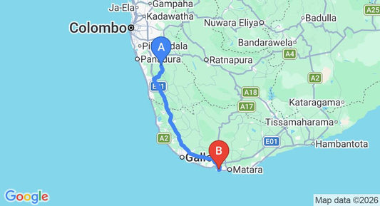 Driving route map: Yala to Mirissa (115 km, approx 2 h 3 min private transfer)