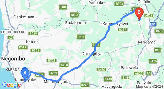 Driving route map: Colombo Airport (CMB) to Kithalawalana (37 km, approx 1 h 4 min private transfer)