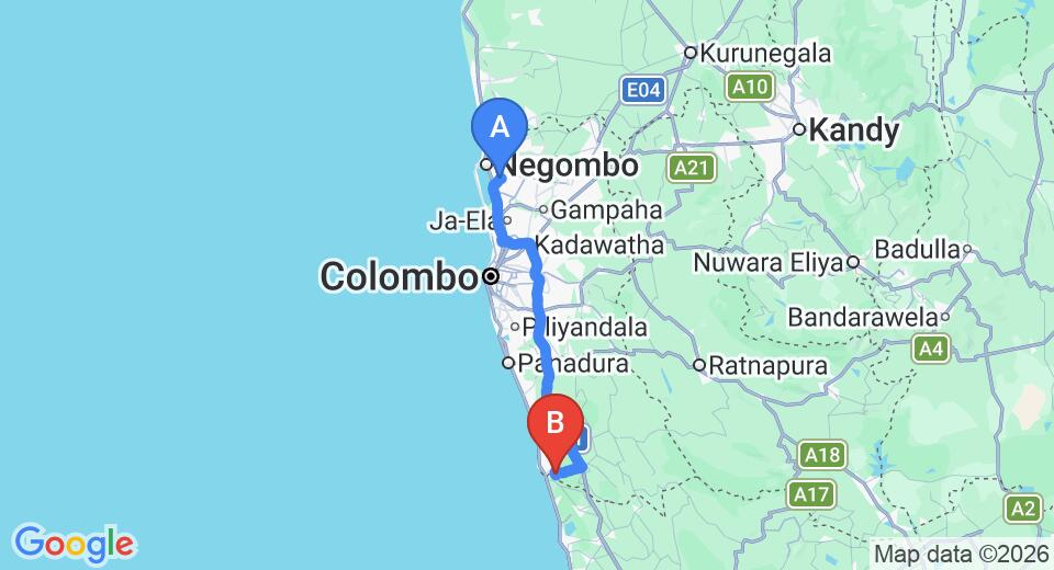 Driving route map: Colombo Airport (CMB) to Okvin River Villa, Bentota (104 km, approx 1 h 32 min private transfer)