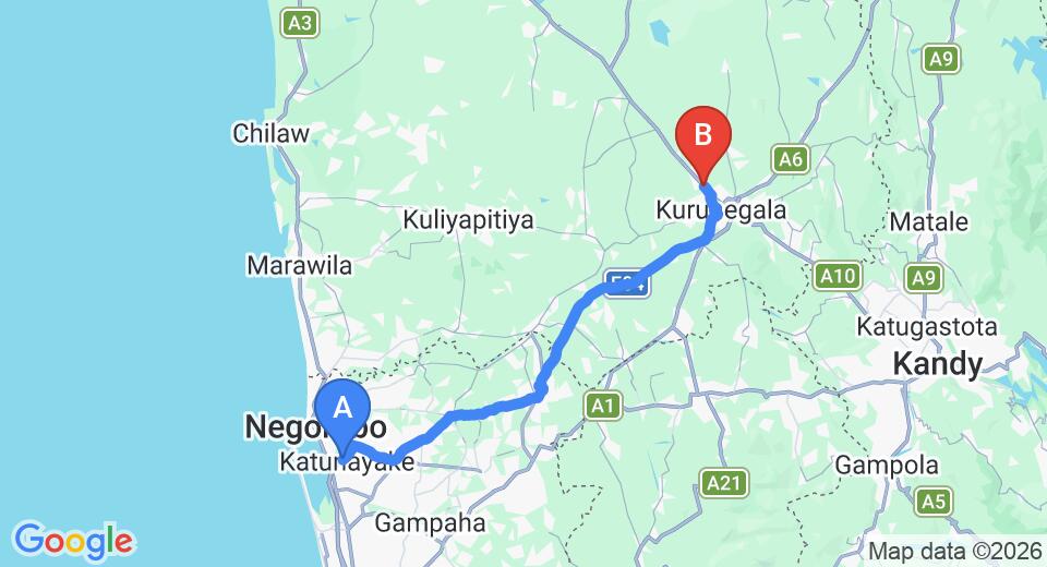 Driving route map: Colombo Airport (CMB) to Saragama Residence, Kurunegala (76 km, approx 1 h 45 min private transfer)
