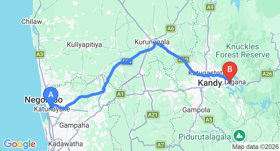 Driving route map: Colombo Airport (CMB) to Club Victoria Range Holiday Resort, Kandy (125 km, approx 3 h 14 min private transfer)