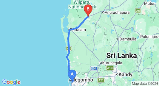 Driving route map: Colombo Airport (CMB) to Hotel Leopard Den, Wilpattu (148 km, approx 3 h 24 min private transfer)