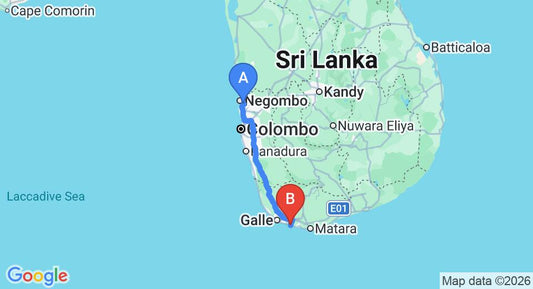 Driving route map: Colombo Airport (CMB) to Kabalana Boutique Hotel, Ahangama (164 km, approx 2 h 18 min private transfer)