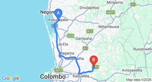 Driving route map: Colombo Airport (CMB) to Dekatana (48 km, approx 1 h 1 min private transfer)