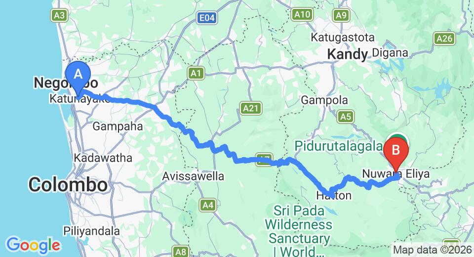 Driving route map: Colombo Airport (CMB) to Creighton Villa, Nuwara Eliya (152 km, approx 4 h 41 min private transfer)