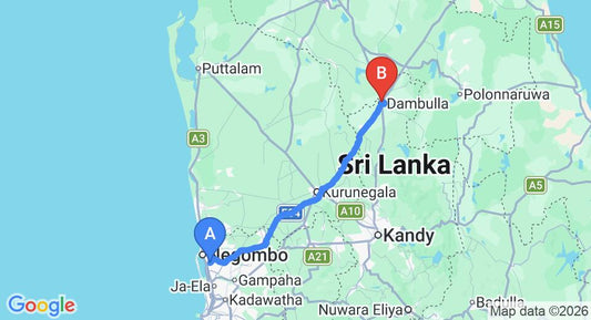 Driving route map: Colombo Airport (CMB) to Gimanhala Transit Hotel, Dambulla (133 km, approx 2 h 53 min private transfer)
