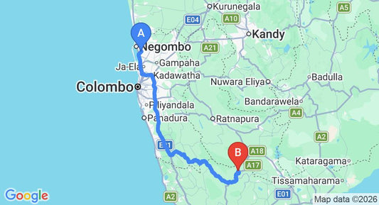 Driving route map: Colombo Airport (CMB) to Deniyaya (185 km, approx 3 h 44 min private transfer)