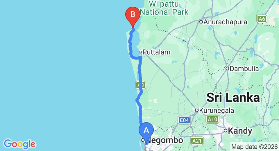 Driving route map: Colombo Airport (CMB) to Kodev, Kalpitiya (142 km, approx 3 h 20 min private transfer)