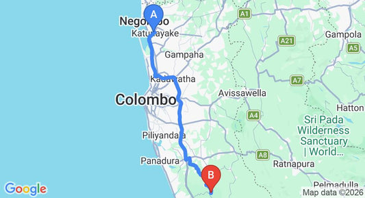 Driving route map: Colombo Airport (CMB) to Glenross Plantation Bungalow, Kalutara (85 km, approx 1 h 36 min private transfer)