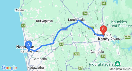Driving route map: Colombo Airport (CMB) to Mahaweli Reach Hotel, Kandy (110 km, approx 2 h 41 min private transfer)