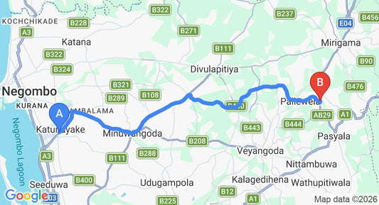 Driving route map: Colombo Airport (CMB) to Kaleliya (31 km, approx 56 min private transfer)