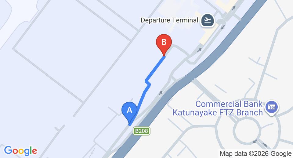 Driving route map: Colombo Airport (CMB) to Silver Ray, Katunayake (0 km, approx 0 min private transfer)