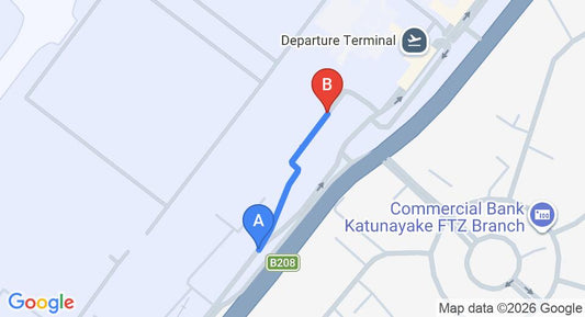 Driving route map: Colombo Airport (CMB) to Silver Ray, Katunayake (0 km, approx 0 min private transfer)