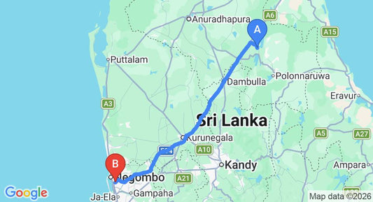 Driving route map: Kaudulla to Colombo Airport (CMB) (175 km, approx 3 h 38 min private transfer)