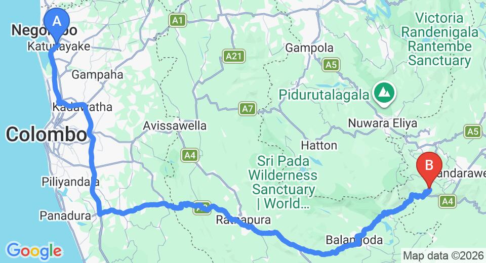 Driving route map: Colombo Airport (CMB) to Peak Rest, Haputale (204 km, approx 5 h 6 min private transfer)