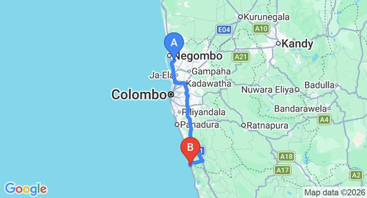 Driving route map: Colombo Airport (CMB) to Bentota (108 km, approx 1 h 41 min private transfer)