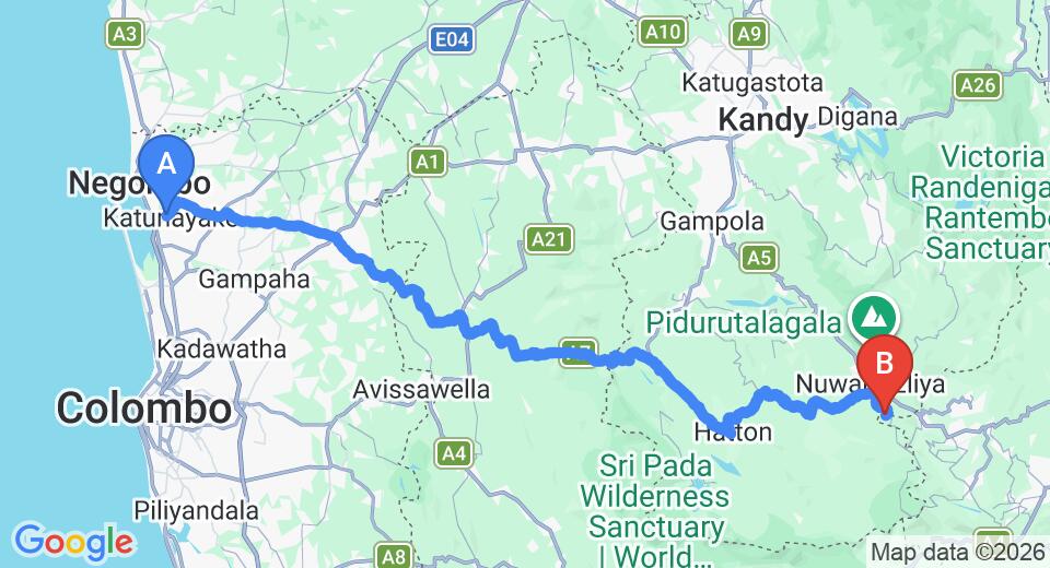Driving route map: Colombo Airport (CMB) to Tranquil Villa, Nuwara Eliya (156 km, approx 4 h 53 min private transfer)