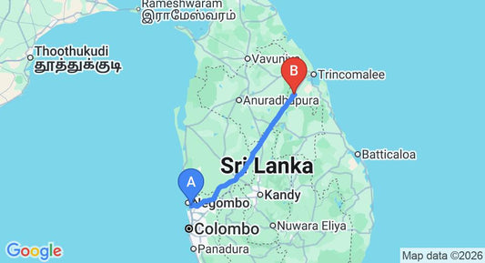 Driving route map: Colombo Airport (CMB) to Kantale (200 km, approx 4 h 3 min private transfer)