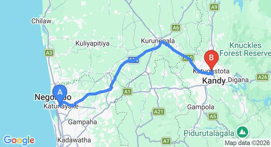 Driving route map: Colombo Airport (CMB) to Katugastota (111 km, approx 2 h 41 min private transfer)