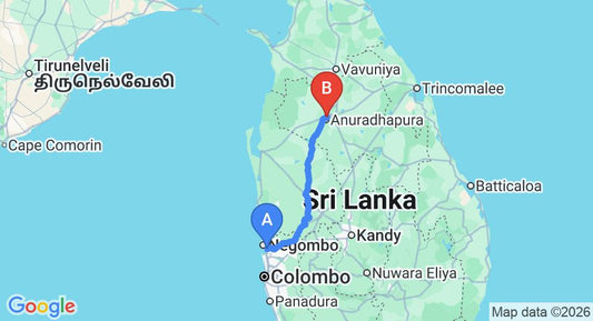 Driving route map: Colombo Airport (CMB) to Cottage Tourist Rest, Anuradhapura (176 km, approx 3 h 48 min private transfer)