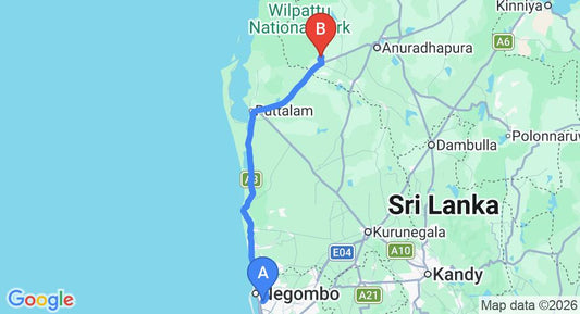 Driving route map: Colombo Airport (CMB) to Thamaravila, Wilpattu (153 km, approx 3 h 31 min private transfer)