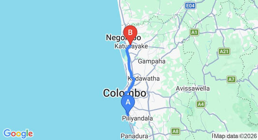 Driving route map: Ratmalana (RML) Airport to Katunayake (46 km, approx 1 h 8 min private transfer)