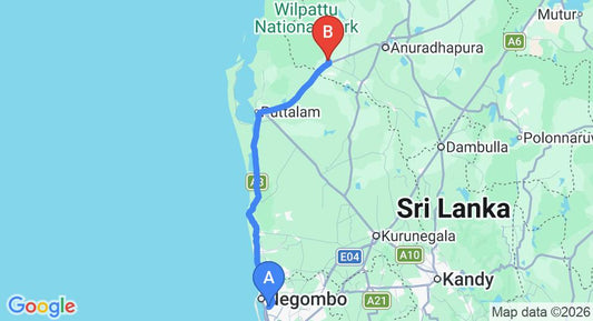 Driving route map: Colombo Airport (CMB) to Wilpattu Holiday Home, Wilpattu (150 km, approx 3 h 26 min private transfer)