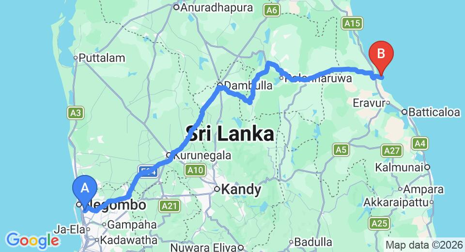 Driving route map: Colombo Airport (CMB) to Thal Sevana Holiday Bungalow, Pasikuda (267 km, approx 5 h 28 min private transfer)